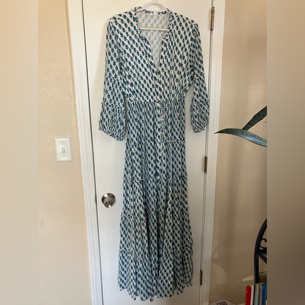 Elegant Blue India Cotton Dress with Full Circle Skirt, maternity/nursing L